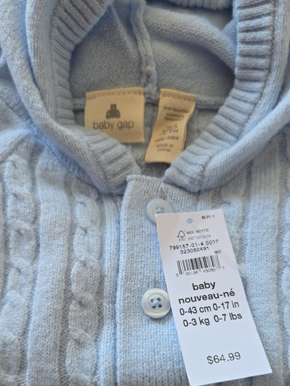 NWT Baby Gap CashSoft™ Cable-Knit Bear One-Piece, Newborn (Up to 7lbs) Baby Blue